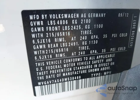 2013 Volkswagen Tiguan S из США, поврежденный, VIN WVGAV7AX4DW538466